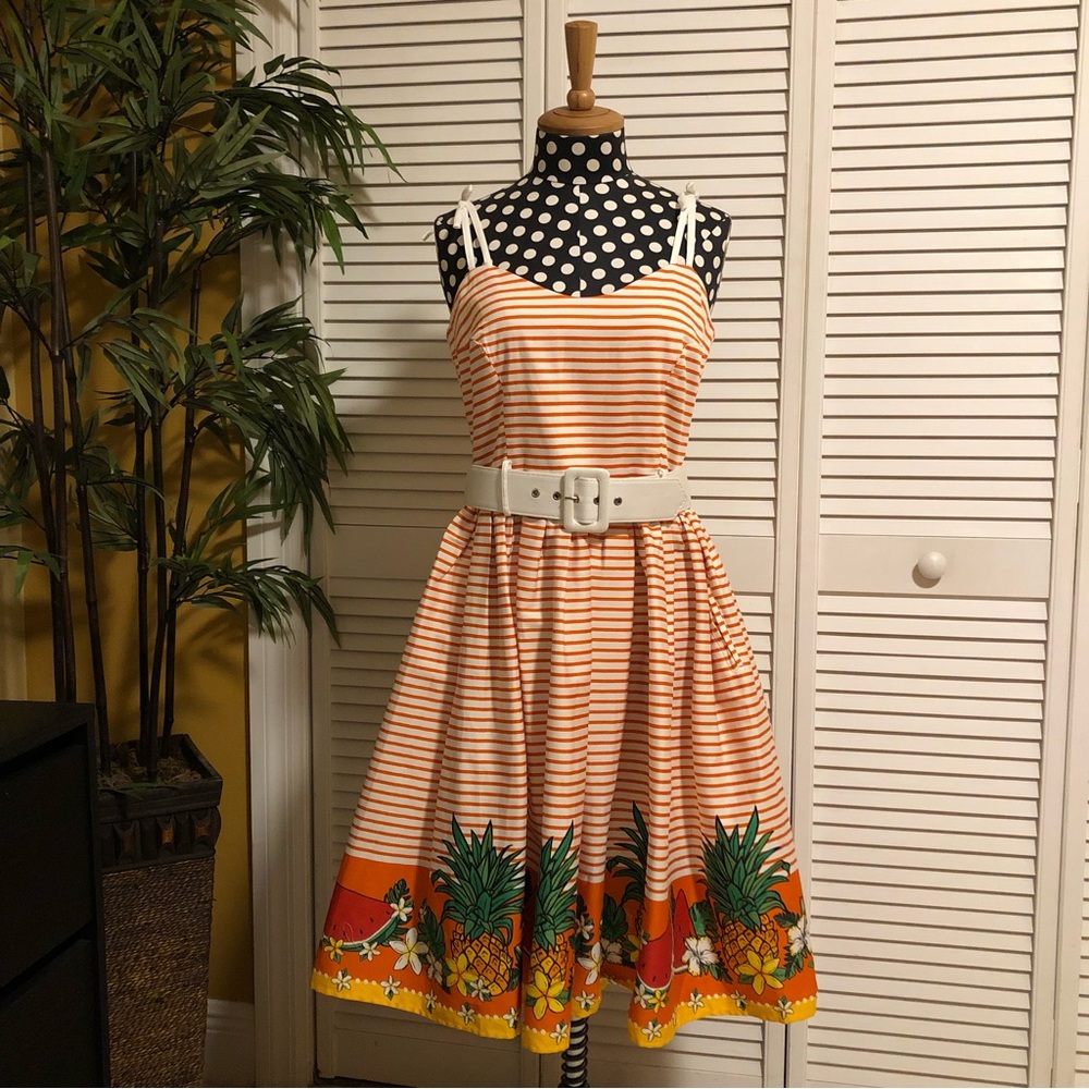Collectif Mainline Jade Tropical Fruit Swing Dress Orange UK12 Medium